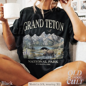 Grand Teton National Park Vintage jaren 90 grafisch T-shirt, retro Comfort Colors® Wyoming Mountain Lake USA nostalgia Moose uniseks T-shirt Black