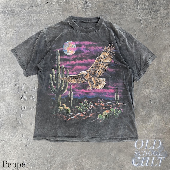 Vintage Eagle Desert T Shirt, Washed Black Western Graphic Tee, Cactus Moon Wildlife Shirt, Retro Southwest Bird Lover Gift