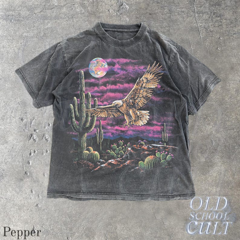 Vintage Eagle Desert T Shirt, Washed Black Western Graphic Tee, Cactus Moon Wildlife Shirt, Retro Southwest Bird Lover Gift Pepper