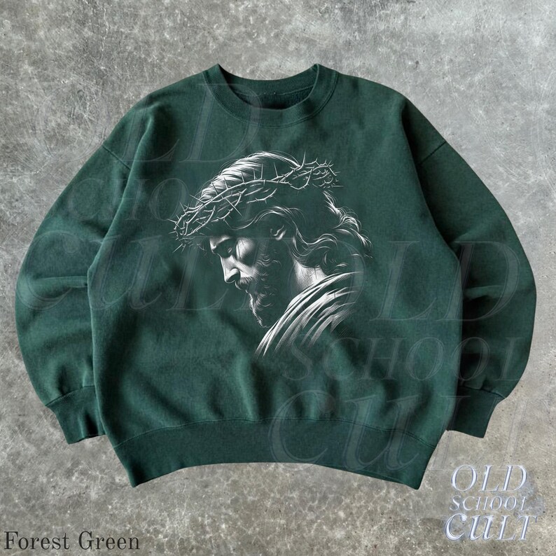 Jesus Crown of Thorns Retro Christian Sweatshirt, Vintage 90s Faith Crewneck, Religious Sweater, Unisex Spiritual Pullover Forest Green