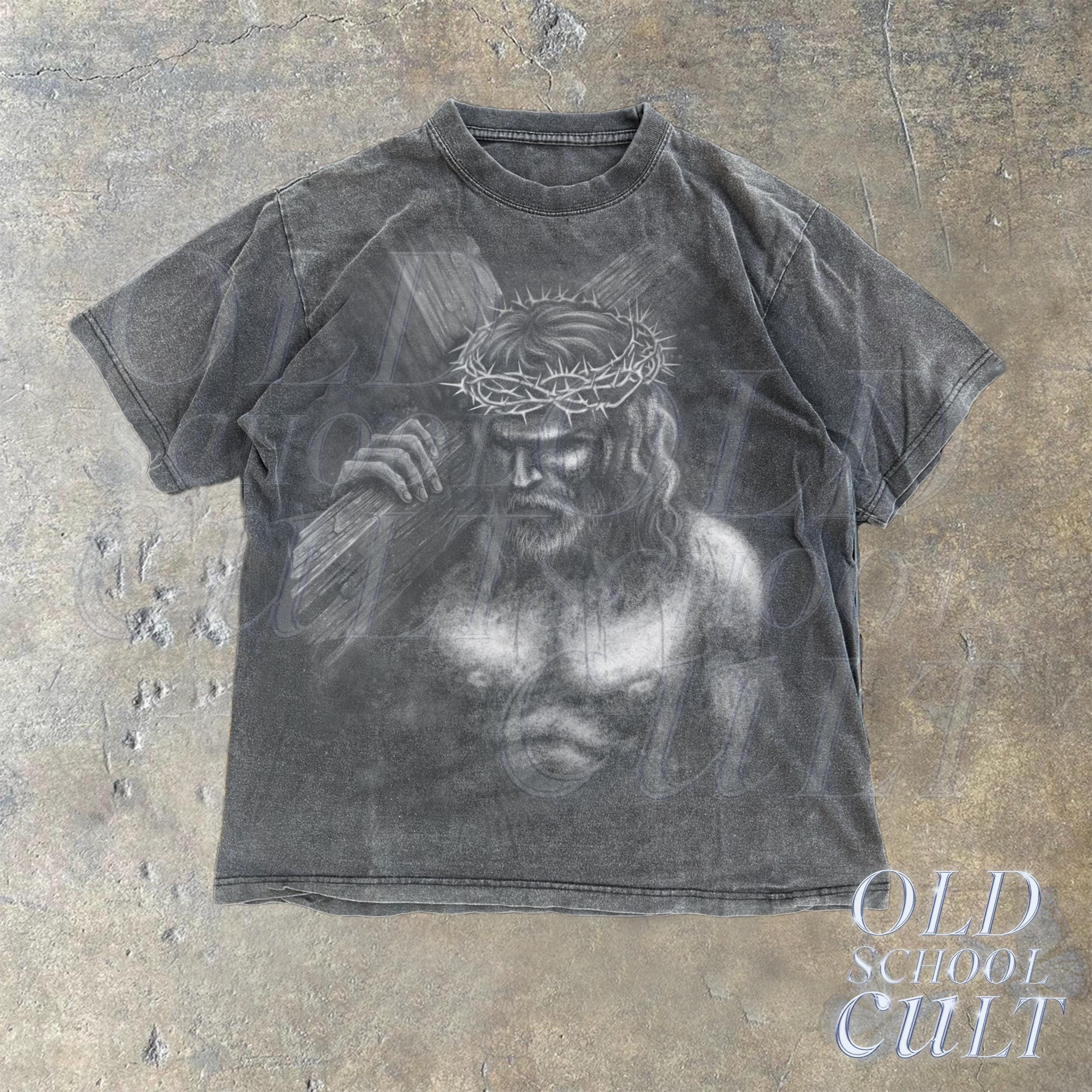 Vintage Art Jesus Cross 十字架 Tシャツ アート　90s Jesus Holding Cross Vintage Hand Drawn 90s Graphic Shirt, Retro