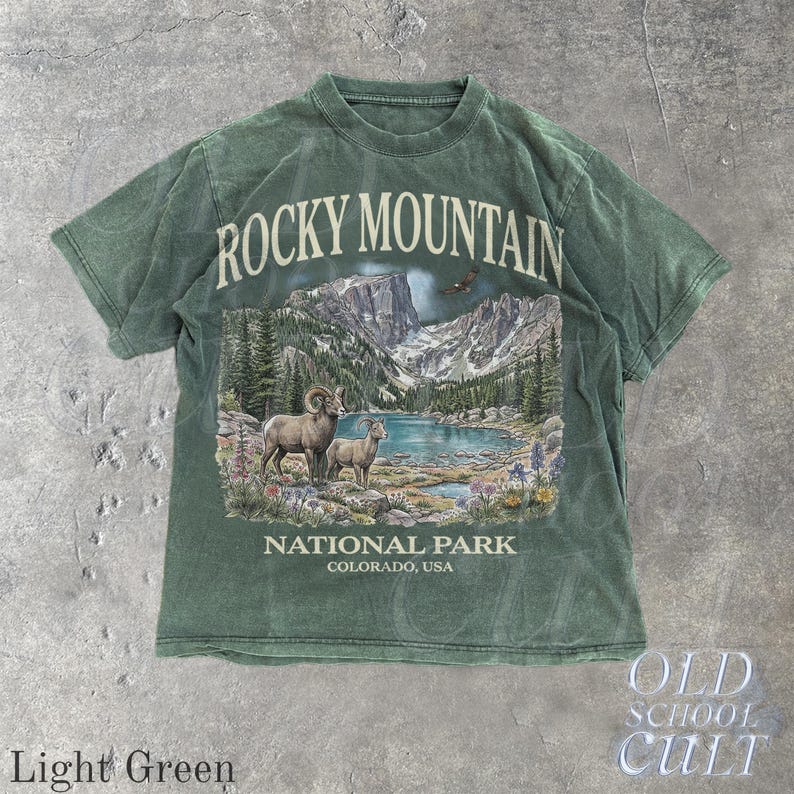 Rocky Mountain National Park Vintage 90s Graphic T-Shirt, Retro Comfort Colors® Colorado USA Nostalgia Unisex Tee Light Green