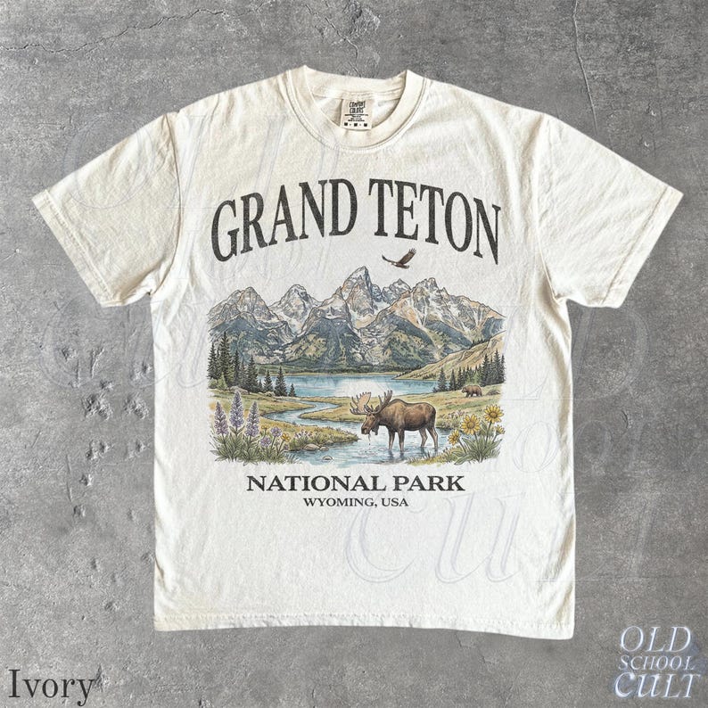 Grand Teton National Park Vintage jaren 90 grafisch T-shirt, retro Comfort Colors® Wyoming Mountain Lake USA nostalgia Moose uniseks T-shirt afbeelding 8