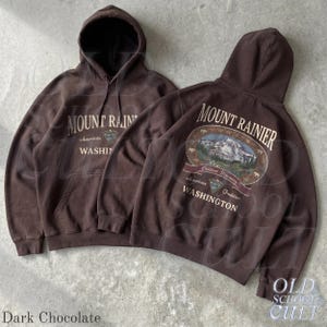マウントレーニア（ワシントン州）パーカー、ヴィンテージ90年代国立公園ハイキンググラフィックスウェットシャツ Dark Chocolate