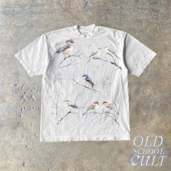 Winter Birds Retro 90s Tattoo Tshirt, Vintage Bird Lovers