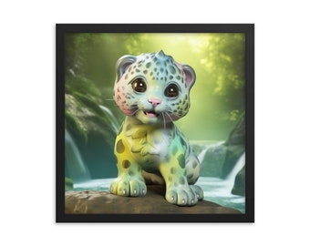 Framed Baby Jaguar Wall Art Nursery Decor | Baby Playroom Nursery Jungle Animal Poster