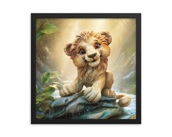 Framed Baby Lion Wall Art Nursery Decor | Baby Playroom Nursery Safari Animal Poster