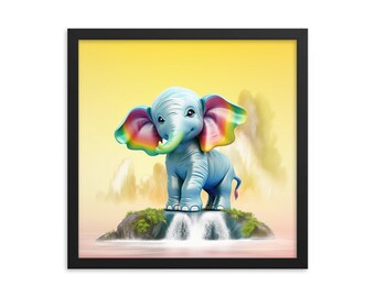 Framed Baby Elephant Wall Art Nursery Decor | Baby Playroom Nursery Safari Animal Poster