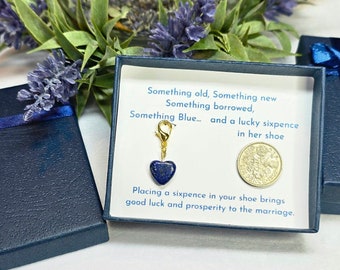 Bridal Charm w/ Lapis Lazuli Heart and Lucky Sixpence | Traditional - Something Blue for the Bride