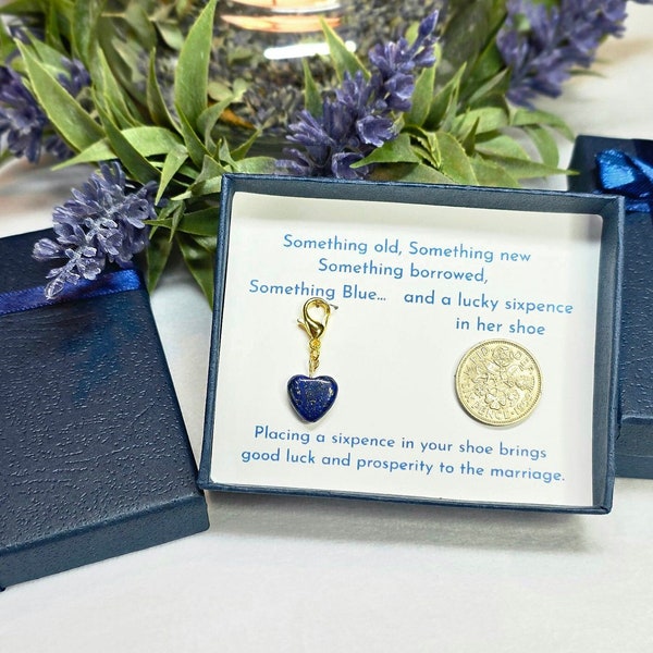 Bridal Charm w/ Lapis Lazuli Heart and Lucky Sixpence | Traditional - Something Blue for the Bride