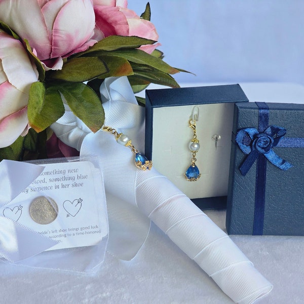 Blue Bouquet Charm w/ Sparkling Pin & Gift Box | Something Blue with Swarovski Pearl, (optional) Lucky Sixpence Coin