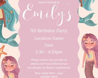 Editable Under the Sea Illustrated Little Mermaid Birthday Invitation Birthday Invite Invites Printable Template Instant Download