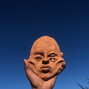 NAMMU - Rare Clay Mask, Unique Handmade Decorative Sculpture, Authentic Art Object, Dark Tribal Folklore, African, Japanese.