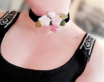 Black velvet choker necklace with flower applique