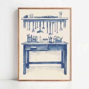 Poster "Officina del falegname" - Poster vintage con banco da lavoro blu - Illustrazione di attrezzi da artigiano, decorazione da parete in legno retrò per garage - Idea regalo per papà