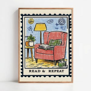 Poster per angolo lettura accogliente – Poster vintage con poltrona rossa e libro – Illustrazione retrò per decorare la parete della camera da letto in modo rilassante e tranquillo – Idea regalo per papà