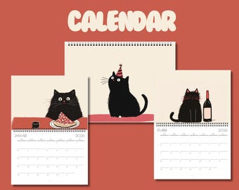Calendrier chat noir personnalisable ou 2026  – amoureux des chats, chat noir minimaliste, calendrier minimaliste, idée cadeau noel