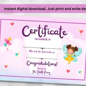 Zahnfee-Zertifikat: Erste Zahn Andenken (Printable Digital Download)