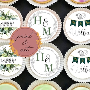 Décorations personnalisées pour cupcakes de mariage, décorations pour cupcakes/cookies de mariage comestibles, décorations comestibles pour Mr et Mme, carte de gaufrette de mariage/feuille de glaçage