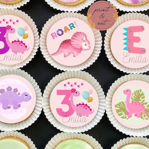 Gepersonaliseerde eetbare roze dinosaurus cupcake toppers ELKE LEEFTIJD, eetbare dinosaurus cupcake/koekjes toppers, dinosauruswafelkaart of glazuurvellen
