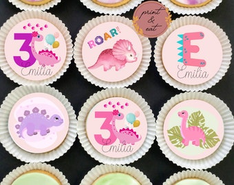 Personalised Edible Pink Dinosaur Cupcake toppers ANY AGE, Edible Dinosaur Cupcake/Cookies toppers, Dinosaur Wafer Card or Icing sheets