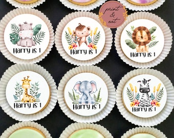 Personalised Edible Jungle Animals Cupcake toppers ANY AGE, Edible Wild One Cupcake/Cookies toppers, Jungle Animal Wafer Card/Icing sheet