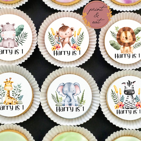 Personalised Edible Jungle Animals Cupcake toppers ANY AGE, Edible Wild One Cupcake/Cookies toppers, Jungle Animal Wafer Card/Icing sheet