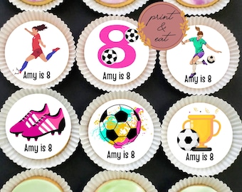 Edible Pre-cut Personalised Female Footballer Birthday Cupcake Toppers | Edible Icing Football/Soccer Toppers | Edible Football Cake Toppers