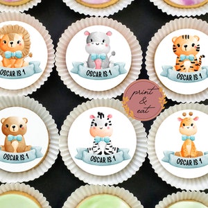 Toppers comestibles personnalisés pour cupcakes animaux de la jungle TOUT ÂGE, Toppers comestibles Wild One Cupcake/Cookies, Jungle Animal Wafer Card/Icing sheet