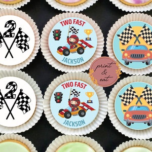 Gepersonaliseerde Eetbare TWEE SNELLE Cupcake toppers, Eetbare Twee Snelle Cupcake/Cookies toppers, Race auto Wafer Card/Icing sheet, Two Fast Party