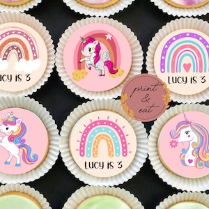 Décorations de cupcakes personnalisées licorne et arc-en-ciel pour tout âge, décorations de cupcakes/cookies licorne comestibles, carte de gaufrettes licorne ou feuilles de glaçage