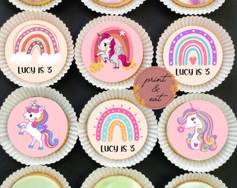 Personalisierte essbare Einhorn und Regenbogen Cupcake Topper, essbare Einhorn Cupcake / Kekse, Einhorn Oblate Karte oder Icing Blätter