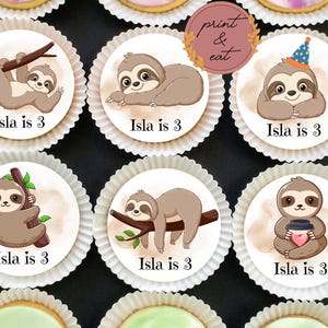 Edible Pre-cut Personalised Cute Sloth Birthday Cupcake Toppers | Edible Icing Cute Sloth Toppers | Edible Cute Sloth Cake Toppers