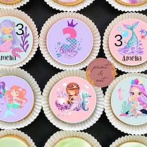 Décorations personnalisées pour cupcakes sirène comestibles à tout âge, décorations comestibles pour cupcakes/biscuits sirène, cartes gaufrettes sirène ou feuilles de glaçage