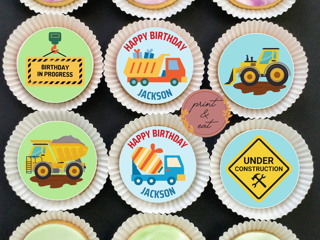 Personalised Edible Construction Cupcake Toppers, Edible Digger Cupcake