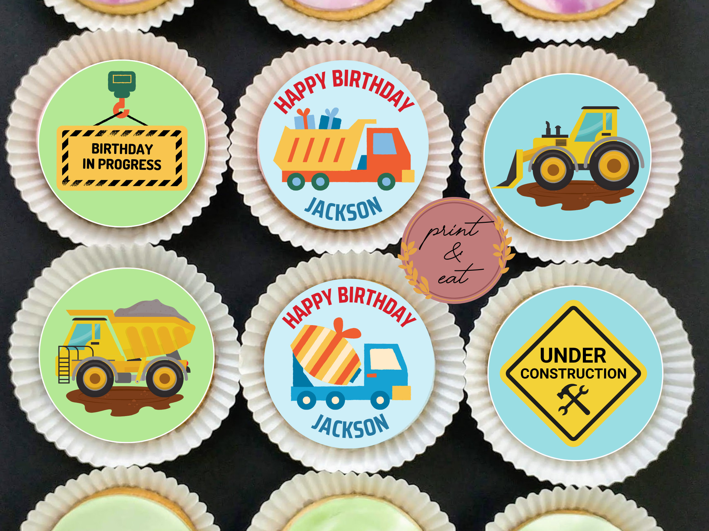 Personalised Edible Construction Cupcake Toppers, Edible Digger Cupcake