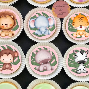 Toppers de cupcakes de animales de la selva comestibles personalizados, toppers de cupcakes / galletas comestibles salvajes, tarjeta de oblea de animales de la selva / hoja de glaseado, salvaje