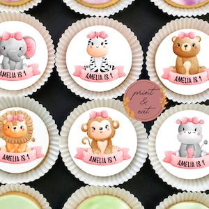 Toppers de cupcakes de animales de la selva comestibles personalizados CUALQUIER EDAD, toppers de cupcakes / galletas comestibles salvajes, tarjeta de oblea de animales de la selva / hoja de glaseado