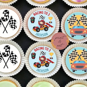 Gepersonaliseerde Eetbare Racing To 'ELKE LEEFTIJD' Cupcake toppers, Eetbare Raceauto Cupcake/Cookies toppers, Raceauto Wafer Card/Icing sheet, Car Party
