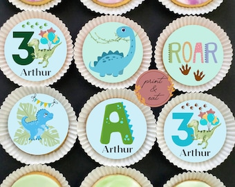 Personalised Edible Dinosaur Cupcake toppers ANY AGE, Edible Dinosaur Cupcake/Cookies toppers, Dinosaur Wafer Card or Icing sheets