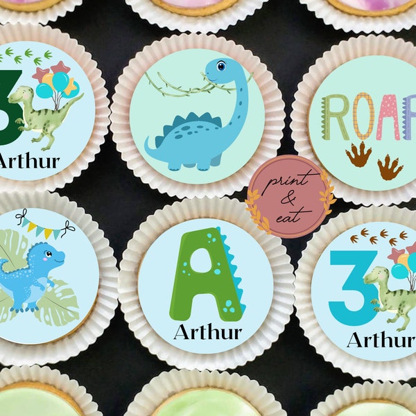 Personalised Edible Dinosaur Cupcake toppers ANY AGE, Edible Dinosaur Cupcake/Cookies toppers, Dinosaur Wafer Card or Icing sheets