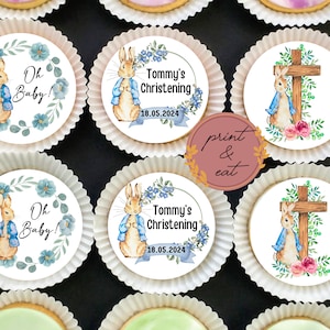 Essbare personalisierte blau / rosa Häschen Taufe / Taufe Cupcake Toppers | Vorgeschnittene Icing Bunny Toppers | Essbare Blau/Pink Hasen Toppers