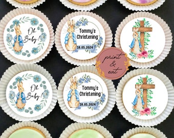 Edible Personalised Blue/Pink Bunny Christening/Baptism Cupcake Toppers | Pre-cut Icing Bunny Toppers | Edible Blue/Pink Bunny Toppers