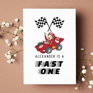 Carte de voiture de course Fast One personnalisée premier anniversaire carte fils petit-fils 1er carte d'anniversaire filleul carte d'anniversaire neveu cadeaux d'anniversaire bébé garçon
