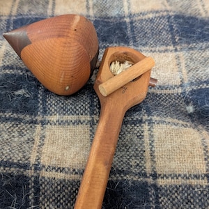 Vintage handmade wooden spinner top with handle and string