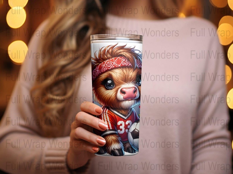 Cute Highland Cow Soccer Player Tumbler Wrap 20 Oz Adorable Animal