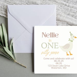 Modèle d'invitation de premier anniversaire ONE Silly Goose | Faire-part premier anniversaire | Invitation d'anniversaire d'oie