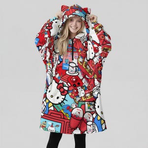 Custom Hello Kitty Women's Fleece Oversized Hoodie Blanket With Decorative Cat Ears (One Size) image 1