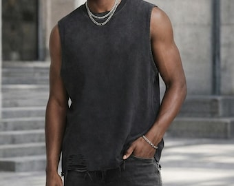 Camiseta sin mangas de algodón lavado y desgastado para hombre de PlushPunkie