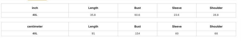 May include: A table displaying garment measurements in inches and centimeters. The measurements are for a 4XL size, including length (35.8 inches/91 cm), bust (60.6 inches/154 cm), sleeve (23.6 inches/60 cm), and shoulder (26.8 inches/68 cm).